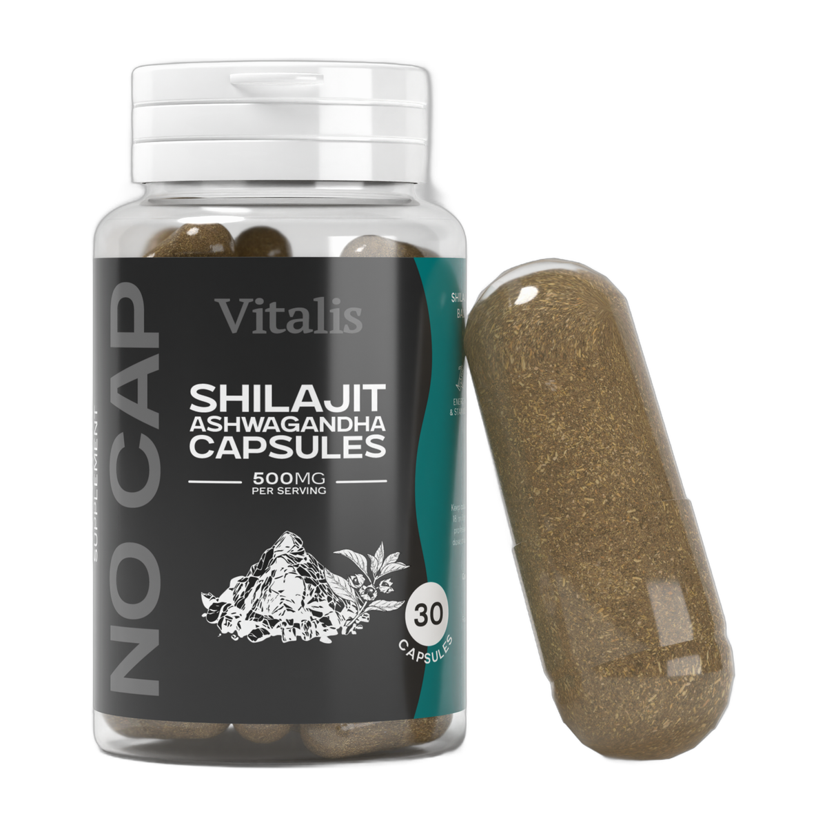 Vitalis Living Shilajit and Ashwagandha Capsules bottle with a capsule on white background